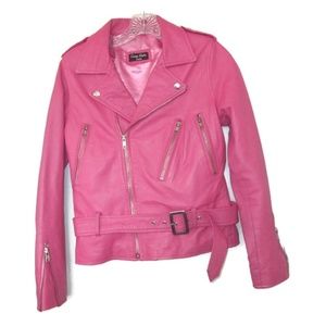 hot pink crop leather biker jacket size xs small 4